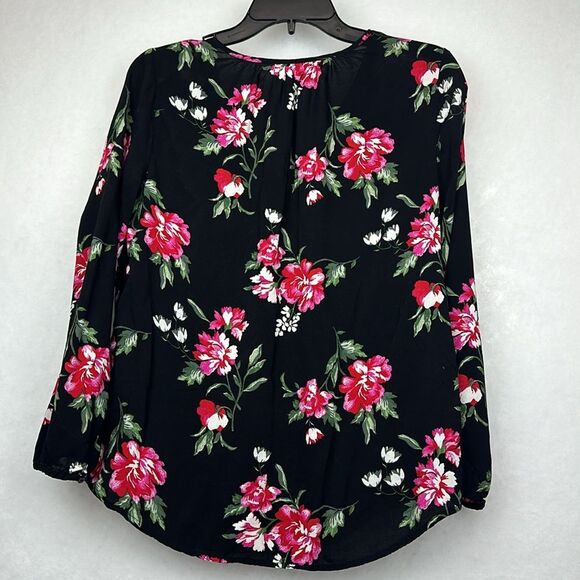 Old Navy Black Pink Floral Blouse Women’s Large Flowy Long Sleeve - Picture 7 of 8